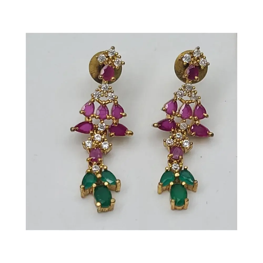 Vintage Artisan Emerald Ruby & CZ Cascade Gold Necklace & Earrings 16.5